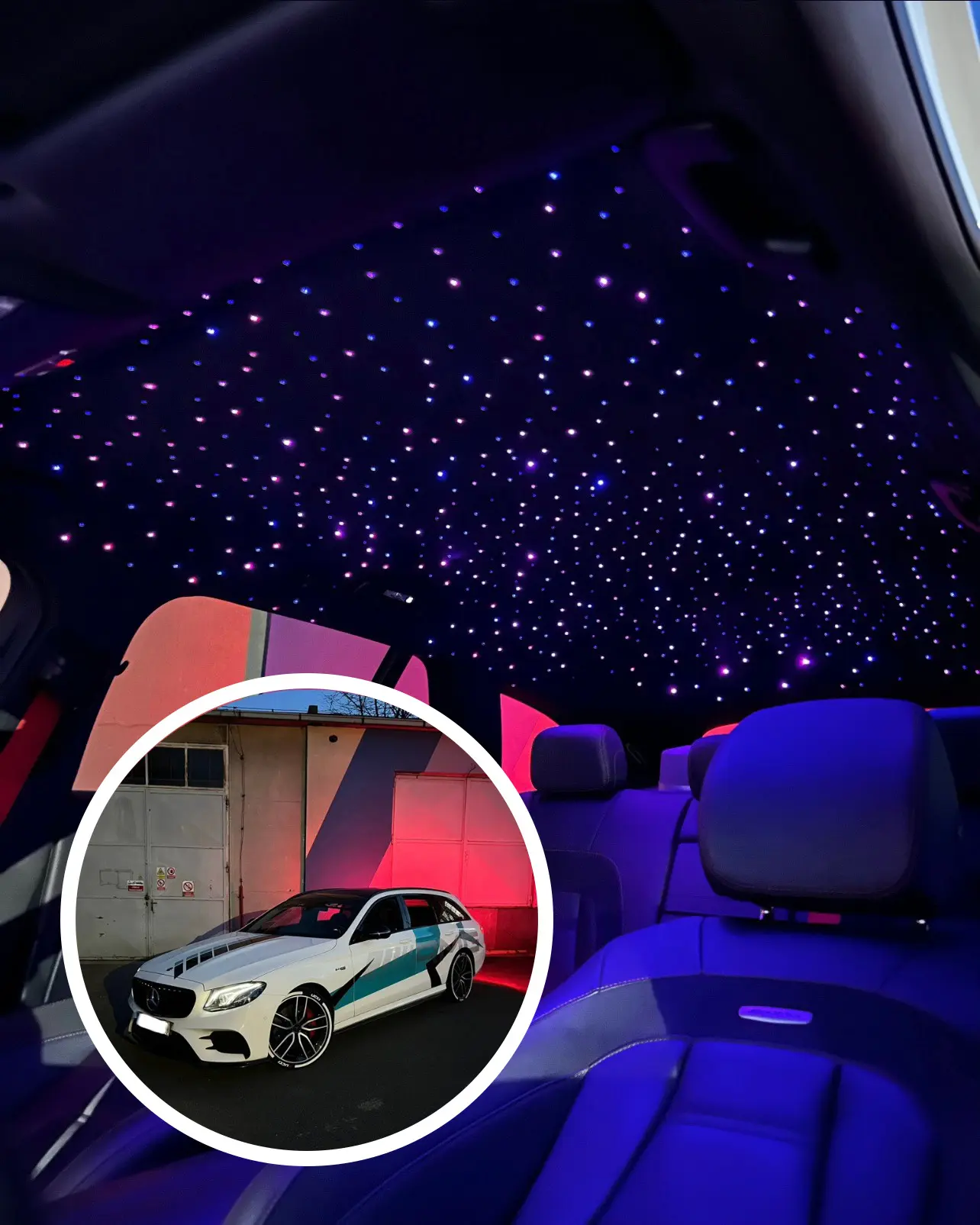 Instalace hvězdné oblohy do stropnice vozu Mercedes-AMG E53